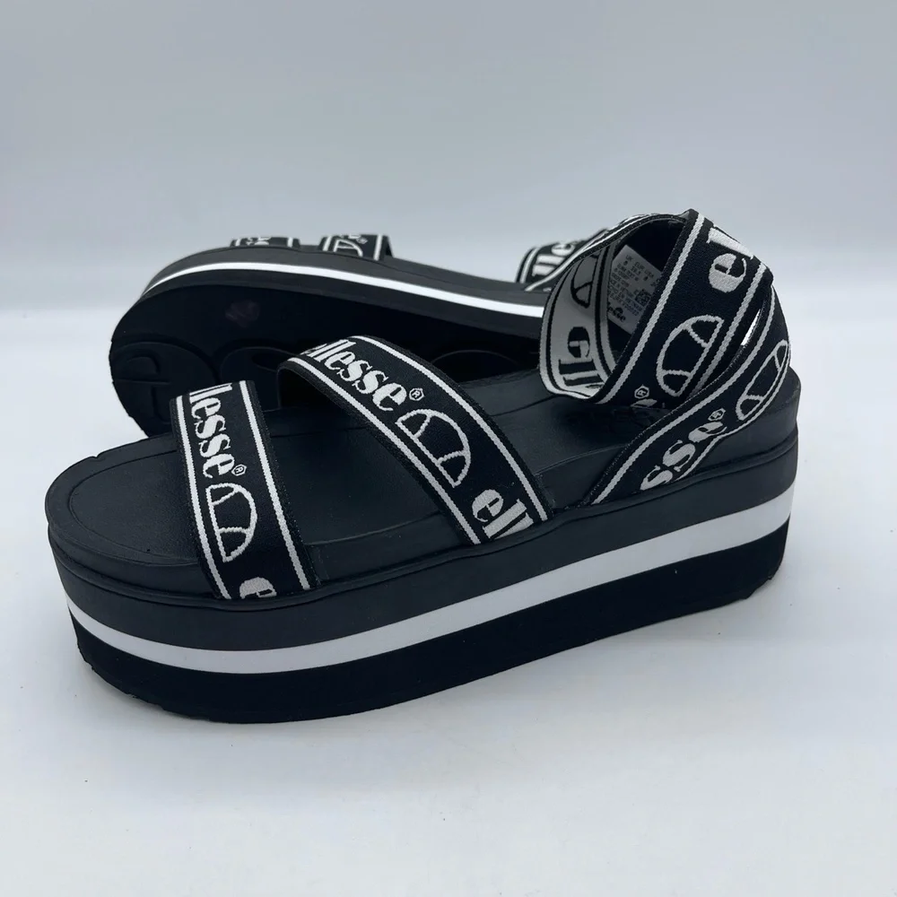 Ellesse Elina Text‎ AF 6-13587 Women's Size 8 Platform Sandals Black White Shoes